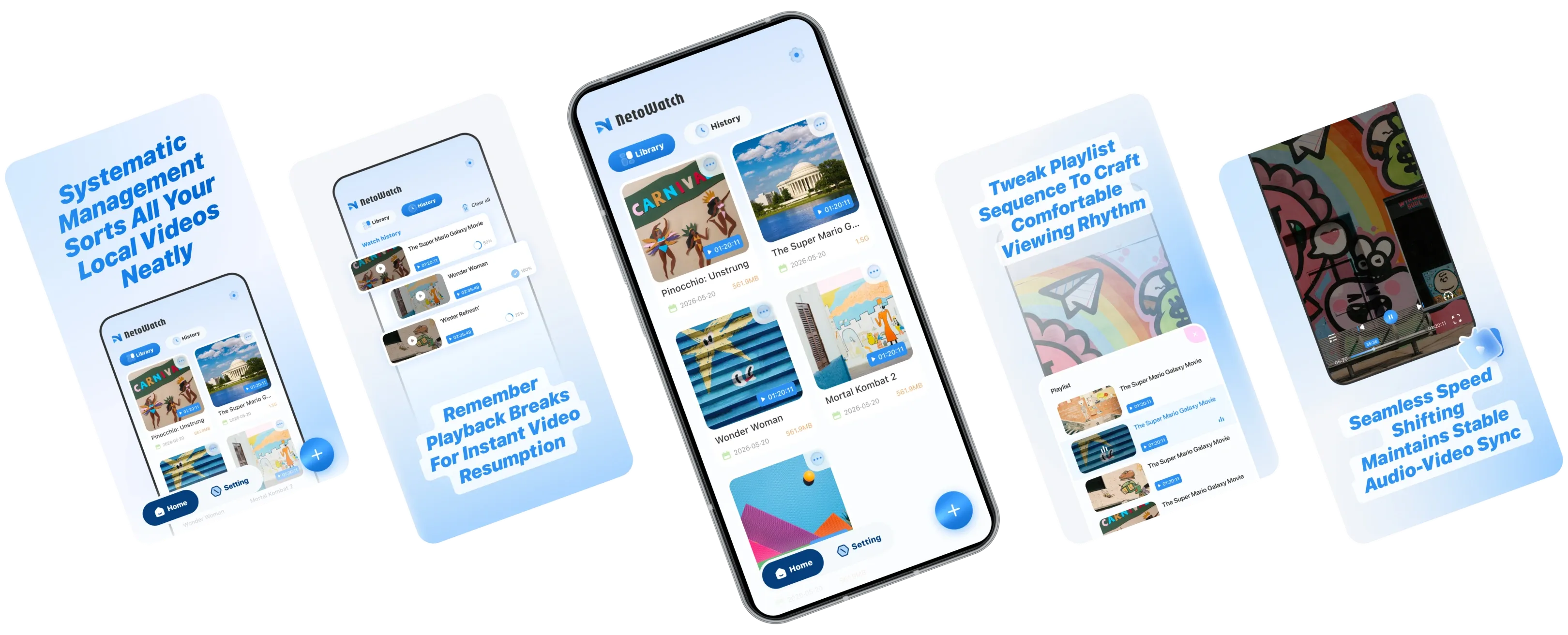 NetoWatch app screens: library, history, playlist and playback